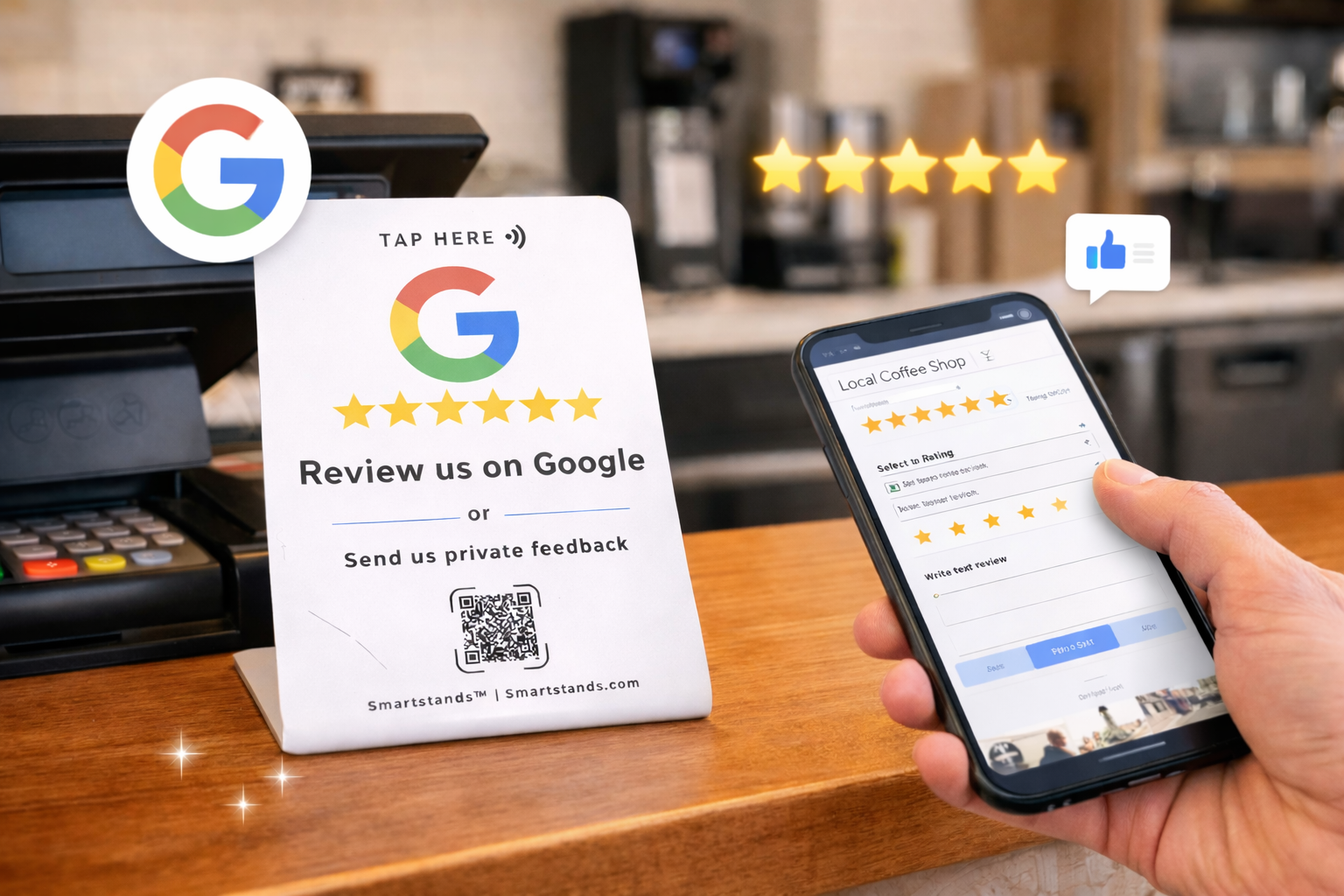 A SmartStand on a counter beside a phone showing a Google review