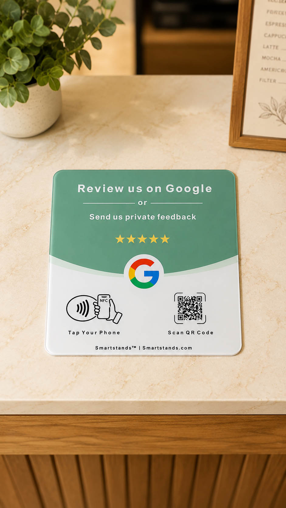 A SmartStand on a caf&eacute; counter — tap to try the demo